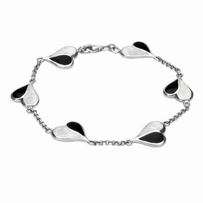 Sterling Silver Whitby Jet Mother of Pearl Split Heart Bracelet