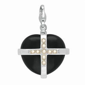 Sterling Silver Whitby Jet Nine Pearl Large Cross Heart Charm