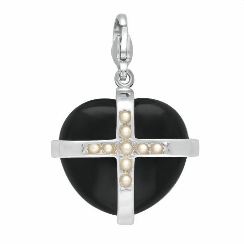 Sterling Silver Whitby Jet Nine Pearl Large Cross Heart Charm