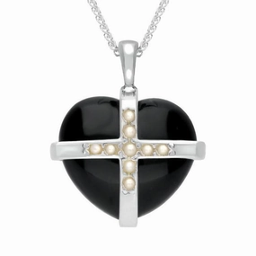 Sterling Silver Whitby Jet Nine Pearl Medium Cross Heart Necklace