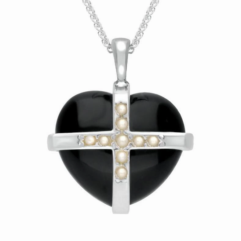 Sterling Silver Whitby Jet Nine Pearl Medium Cross Heart Necklace