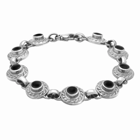Sterling Silver Whitby Jet Nine Stone Round Rope Edge Bracelet