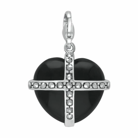 Sterling Silver Whitby Jet Nineteen Marcasite Large Cross Heart Charm
