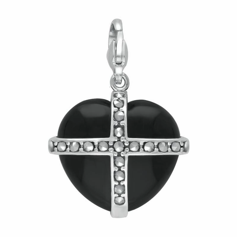 Sterling Silver Whitby Jet Nineteen Marcasite Large Cross Heart Charm