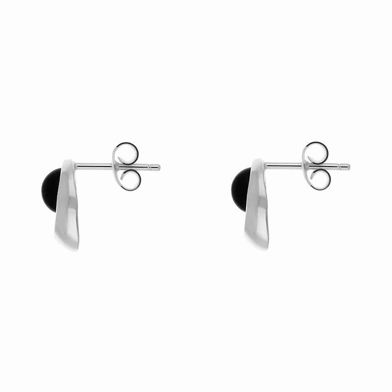 Sterling Silver Whitby Jet Offset Round Bead Stud Earrings