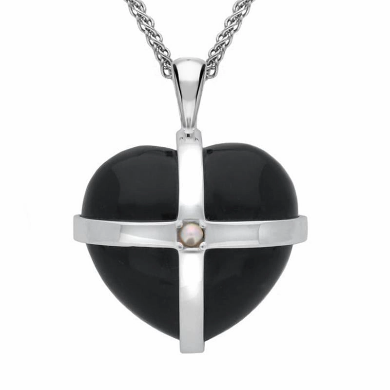 Sterling Silver Whitby Jet One Pearl Large Cross Heart Necklace