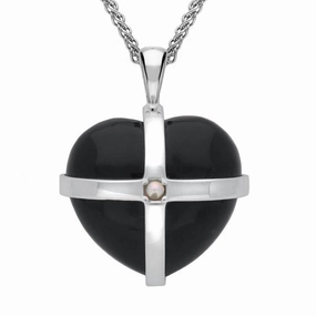 Sterling Silver Whitby Jet One Pearl Large Cross Heart Necklace