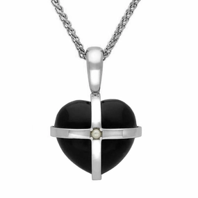 Sterling Silver Whitby Jet One Pearl Medium Cross Heart Necklace