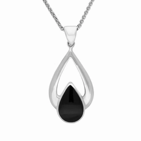 Sterling Silver Whitby Jet Open Framed Pear Drop Necklace