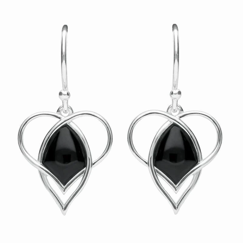Sterling Silver Whitby Jet Open Heart Twist Hook Earrings