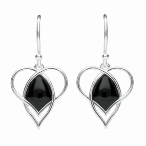 Sterling Silver Whitby Jet Open Heart Twist Hook Earrings