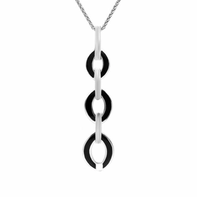 Sterling Silver Whitby Jet Open Oval Triple Link Drop Necklace