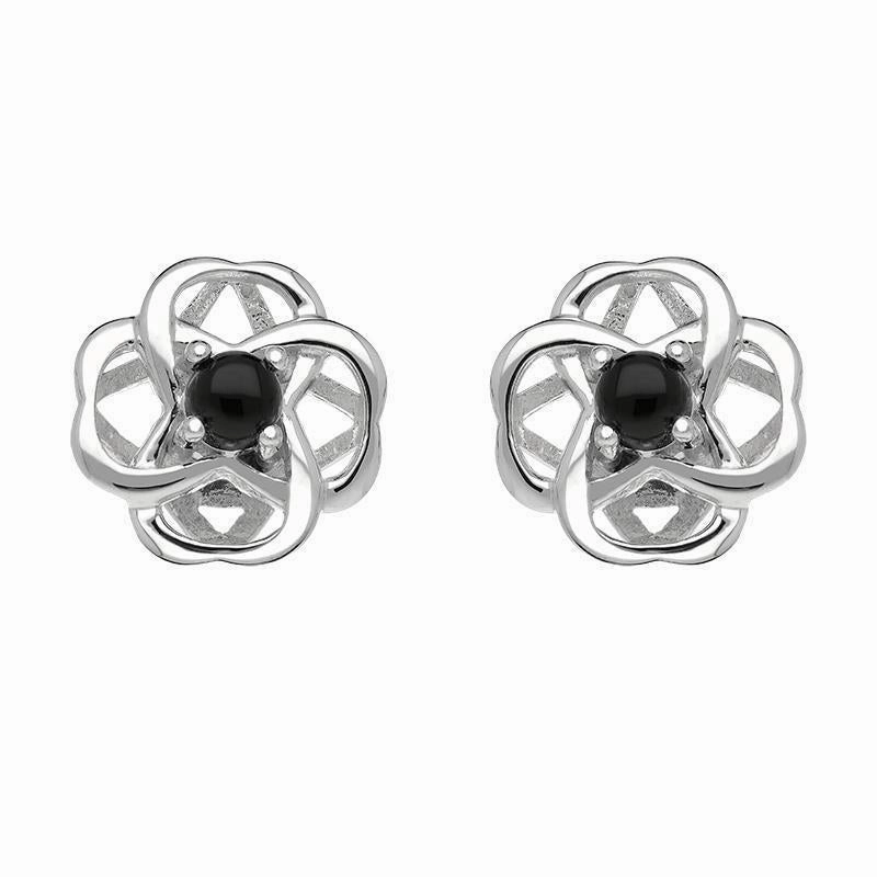 Sterling Silver Whitby Jet Open Round Flower Two Piece Set
