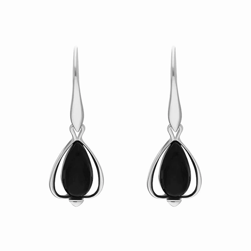 Sterling Silver Whitby Jet Open Side Pear Drop Earrings