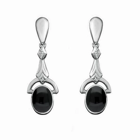 Sterling Silver Whitby Jet Oval Art Deco Drop Earrings