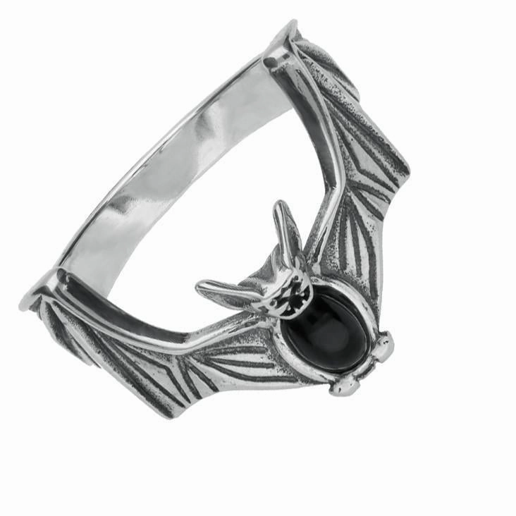 Sterling Silver Whitby Jet Oval Belly Bat Ring