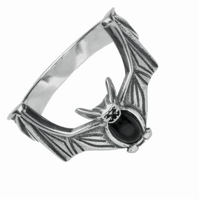 Sterling Silver Whitby Jet Oval Belly Bat Ring