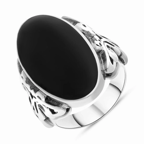 Sterling Silver Whitby Jet Oval Carved Side Ring
