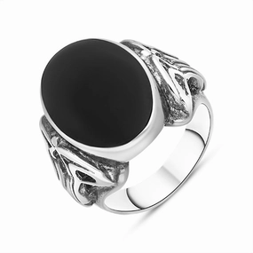 Sterling Silver Whitby Jet Oval Carved Side Ring