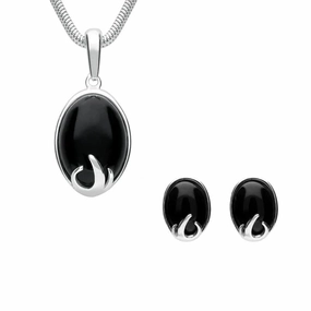 Sterling Silver Whitby Jet Oval Claw Two Piece Set