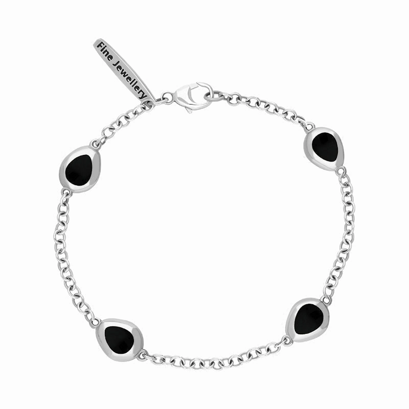 Sterling Silver Whitby Jet Oval Cross Detail Four Stone Bracelet