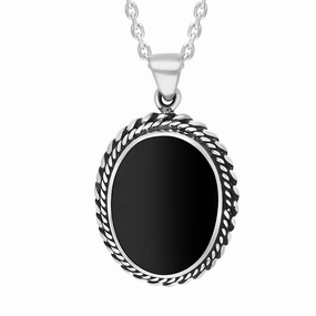 Sterling Silver Whitby Jet Oval Rope Edge Necklace