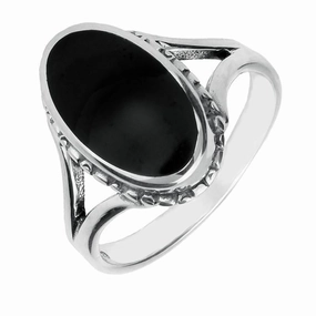 Sterling Silver Whitby Jet Oval Rope Edge Ring