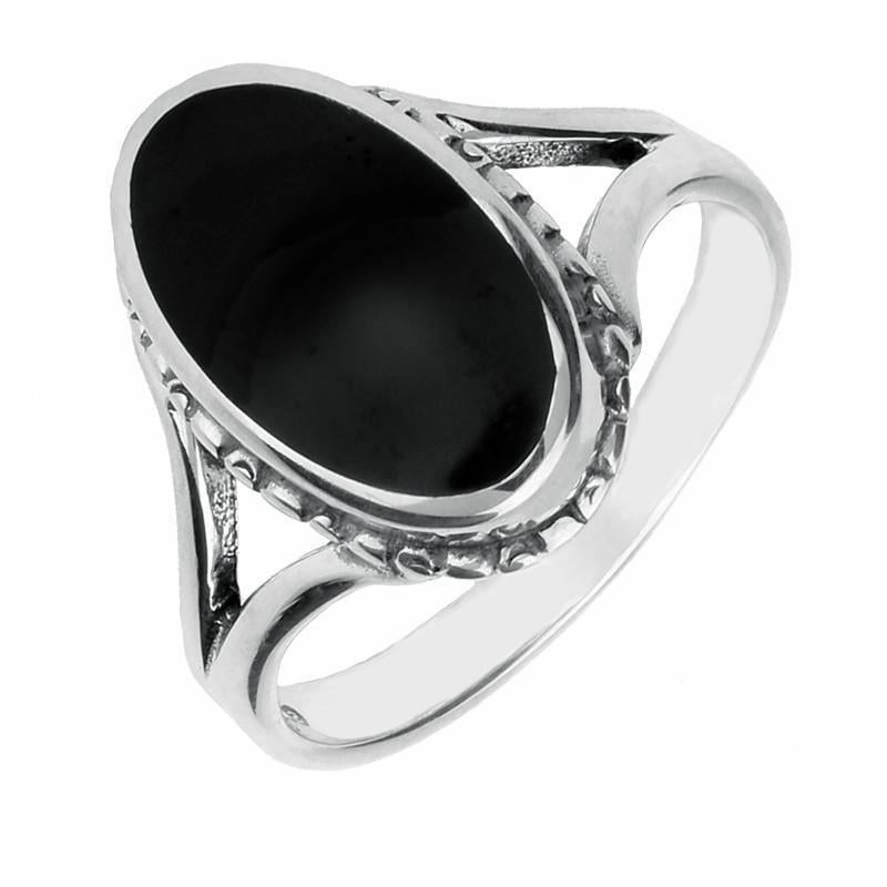 Sterling Silver Whitby Jet Oval Rope Edge Ring