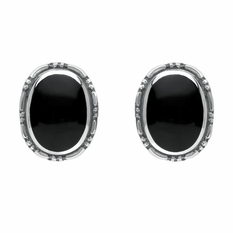 Sterling Silver Whitby Jet Oval Rope Edge Stud Earrings