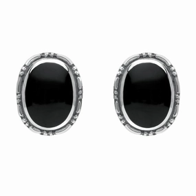 Sterling Silver Whitby Jet Oval Rope Edge Stud Earrings