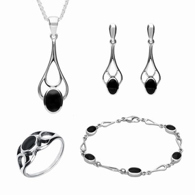 Sterling Silver Whitby Jet Oval Spoon Drop Four Piece Set