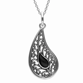 Sterling Silver Whitby Jet Oxidise Stone Teardrop Necklace