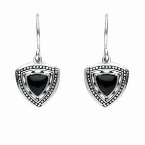 Sterling Silver Whitby Jet Oxidised Shield Drop Earrings
