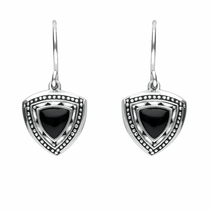 Sterling Silver Whitby Jet Oxidised Shield Drop Earrings