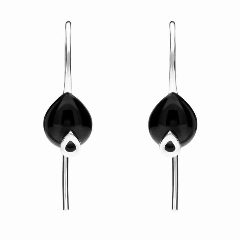 Sterling Silver Whitby Jet Pear Hook Earrings