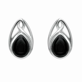 Sterling Silver Whitby Jet Pear Shaped Celtic Stud Earrings
