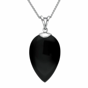 Sterling Silver Whitby Jet Pear Stone Capped Necklace