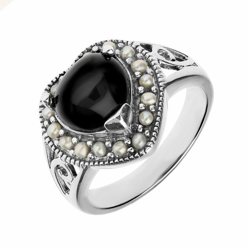 Sterling Silver Whitby Jet Pearl Heart Shaped Ring