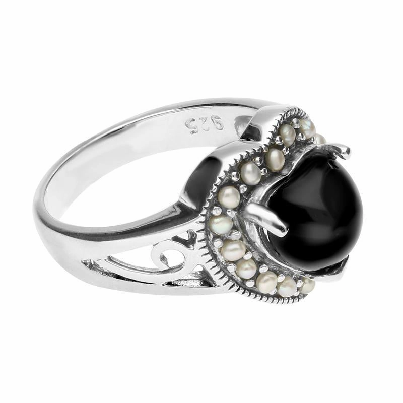 Sterling Silver Whitby Jet Pearl Heart Shaped Ring