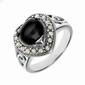 Sterling Silver Whitby Jet Pearl Heart Shaped Ring