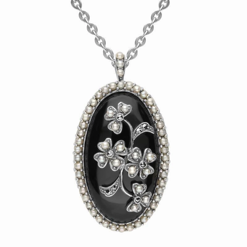 Sterling Silver Whitby Jet Pearl Large Oval Flower Brooch Necklace