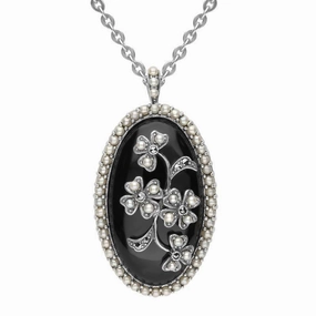 Sterling Silver Whitby Jet Pearl Large Oval Flower Brooch Necklace