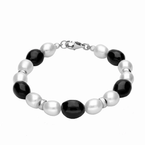 Sterling Silver Whitby Jet Pearl Oval Bead Bracelet D