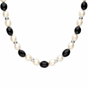 Sterling Silver Whitby Jet Pearl Oval Bead Necklace