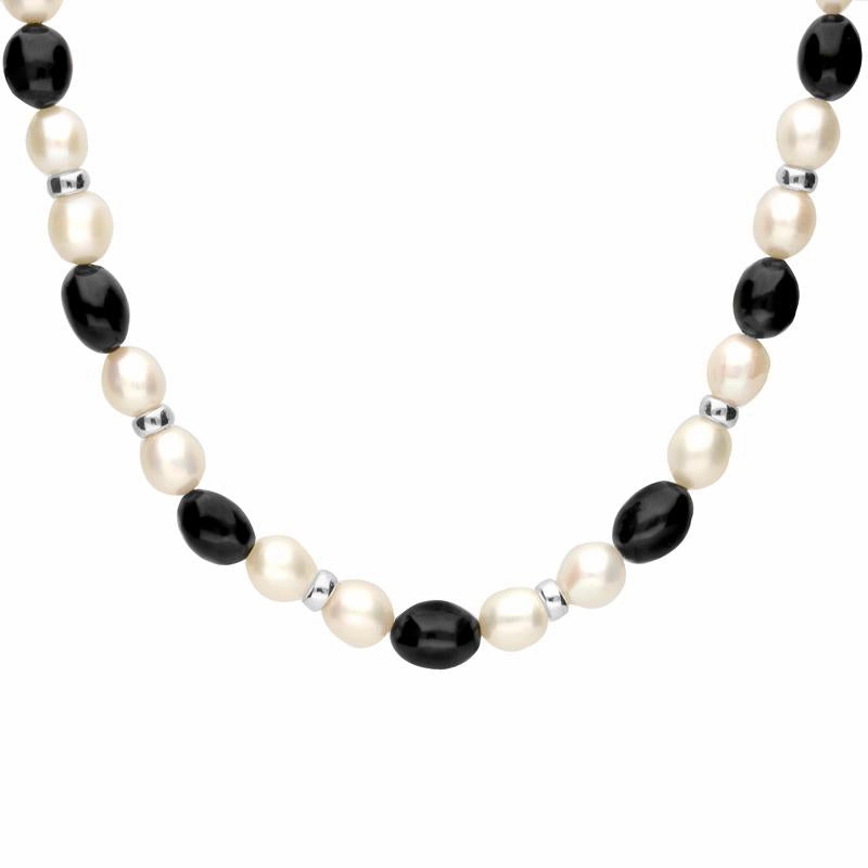 Sterling Silver Whitby Jet Pearl Oval Bead Necklace
