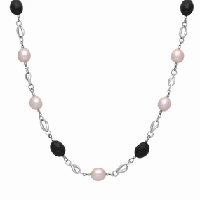 Sterling Silver Whitby Jet Pearl Oval Beaded Necklace