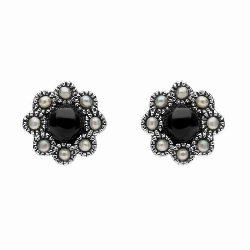 Sterling Silver Whitby Jet Pearl Round Bead Edge Two Piece Set