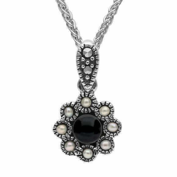 Sterling Silver Whitby Jet Pearl Round Bead Edge Two Piece Set