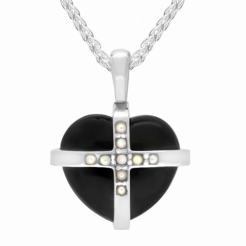 Sterling Silver Whitby Jet Pearl Small Cross Heart Necklace