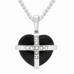Sterling Silver Whitby Jet Pearl Small Cross Heart Necklace